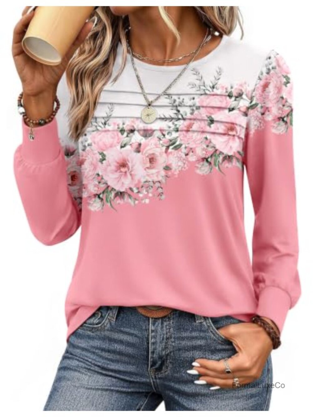 Zeagoo Women's Long Sleeve Pleated Tunic Floral Crewneck Blouse